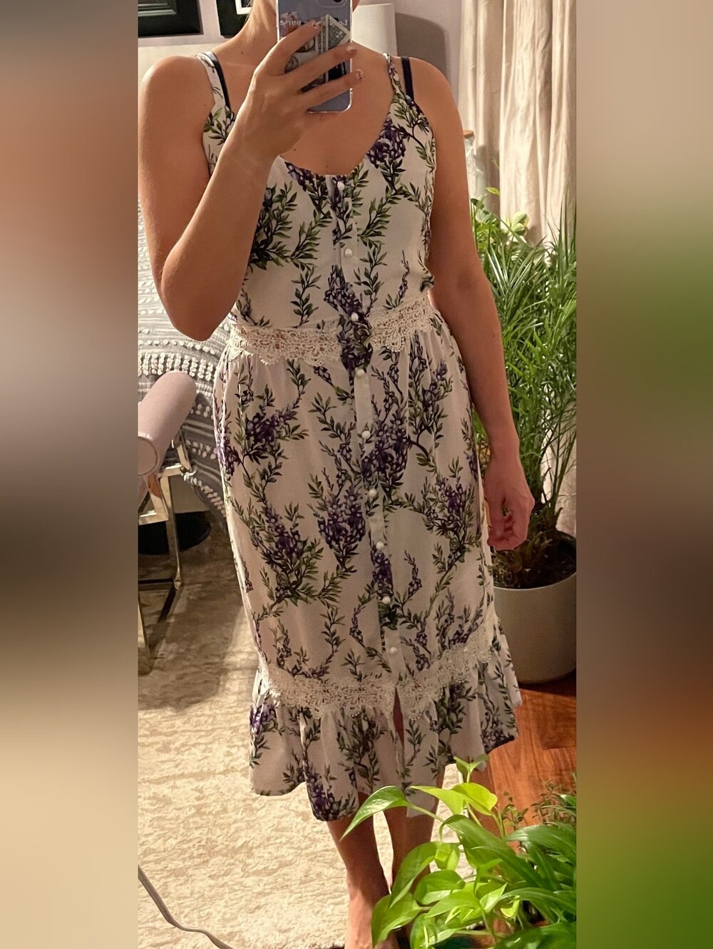 Summer Dress Floral Lace-Trim Button-Front Midi Dress in Lavender
